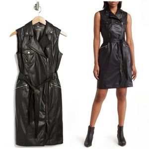Calvin Klein Black Faux Leather Motorcycle Sleeveless Moto Mini Dress Size 14 XL